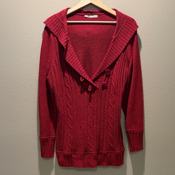 Maurices Sweaters - Maurices 3X Burgundy Cable Knit Hooded Sweater Shawl Collar V-Neck Plus Size